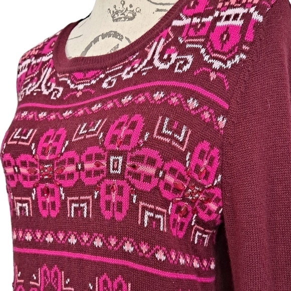 Talbots Pink Lambswool Womens Fair isle knit Crew Neck Beaded crystal sweater M - Picture 5 of 16